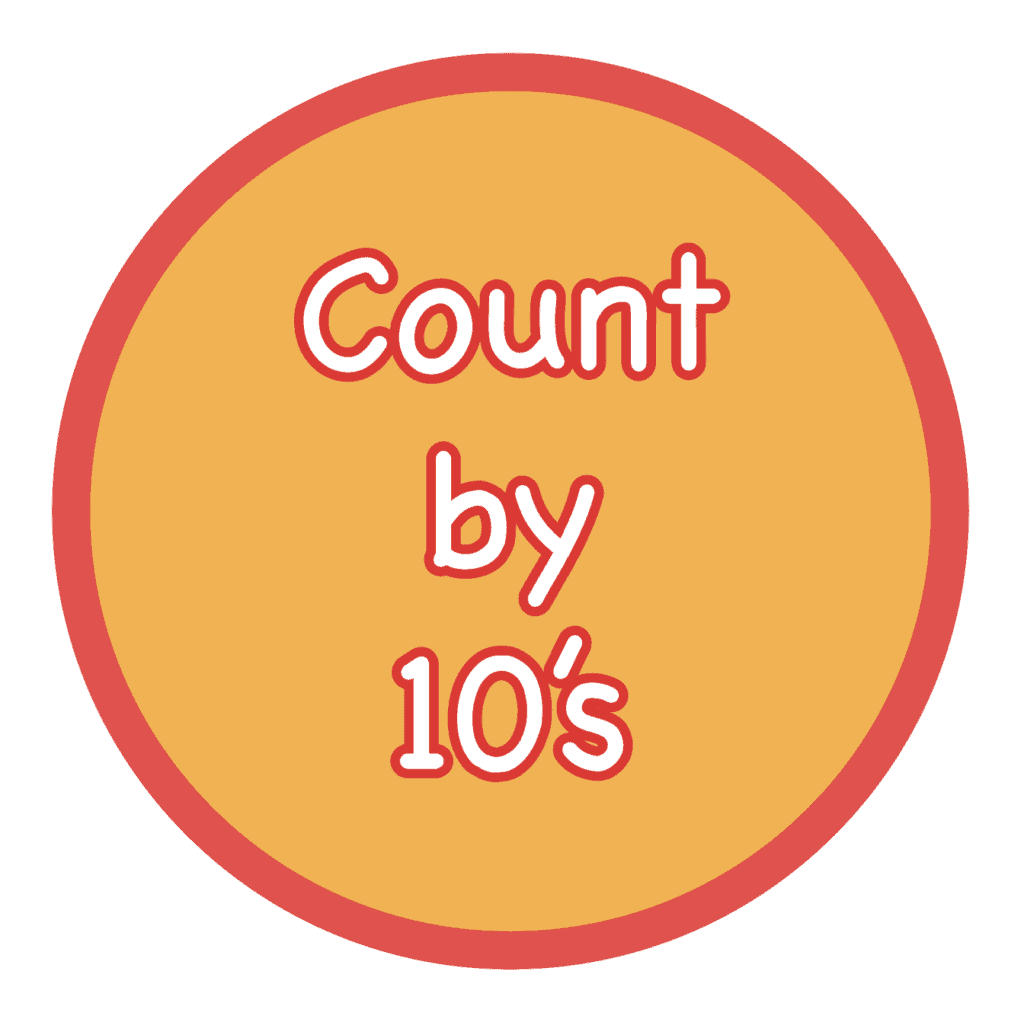 Colorful circular sign with 'Count by 10's' for sensory play activities.